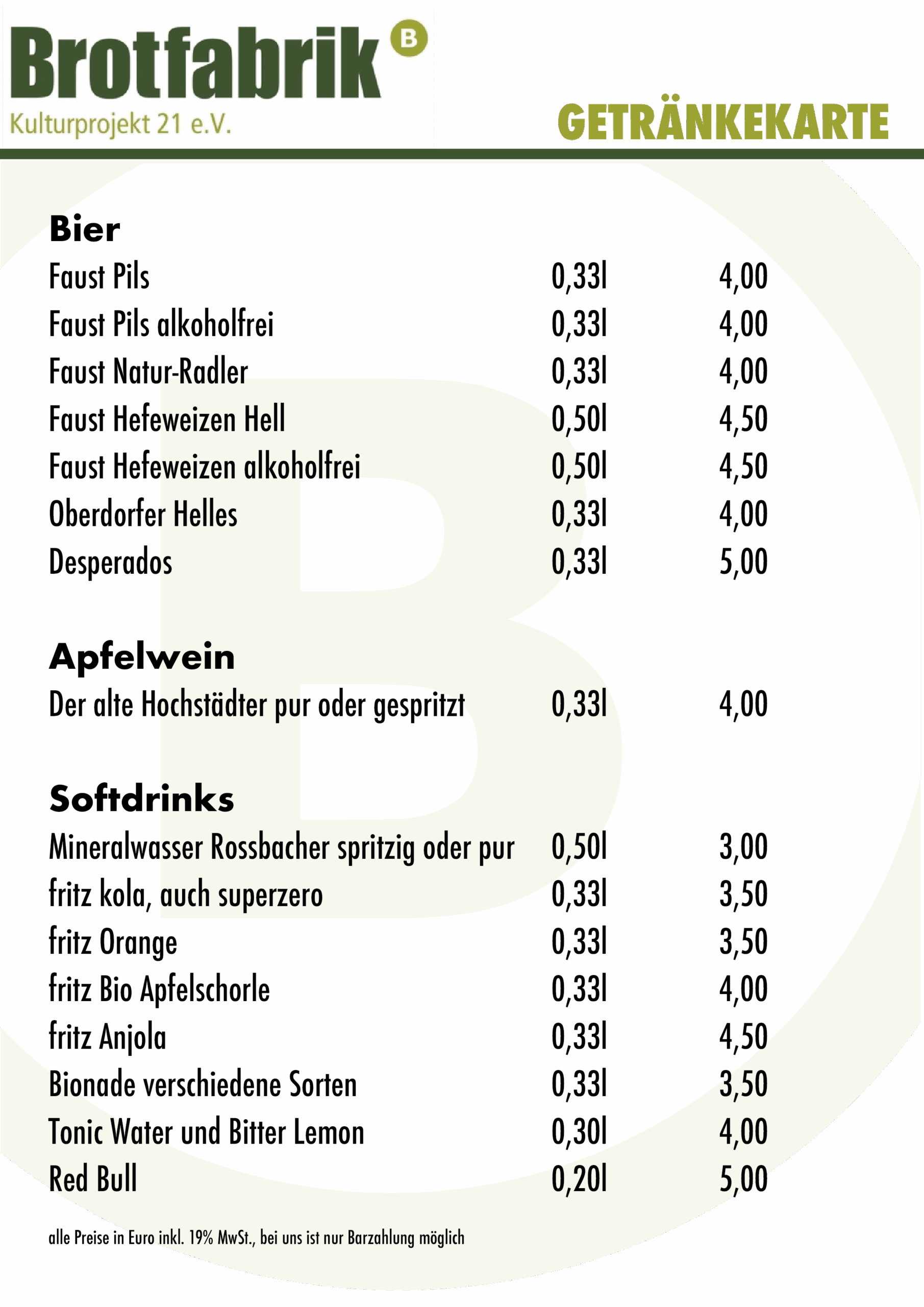 Getränkekarte Bier, Apfelwein & Softdrinks