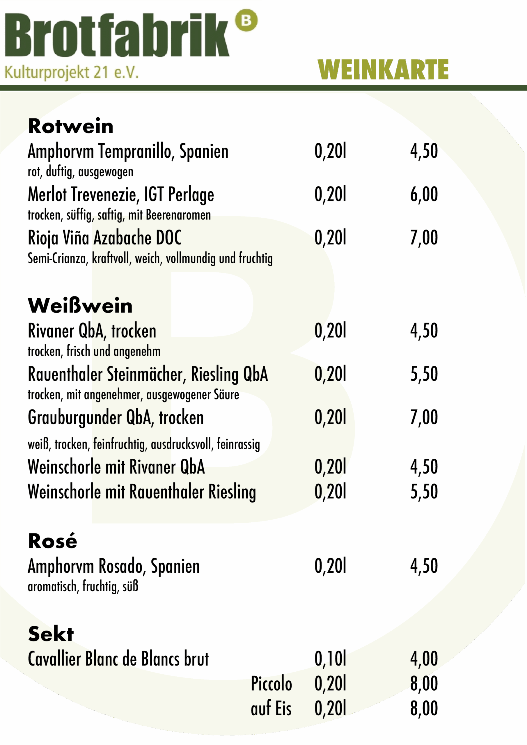 Getränkekarte Wein und Sekt