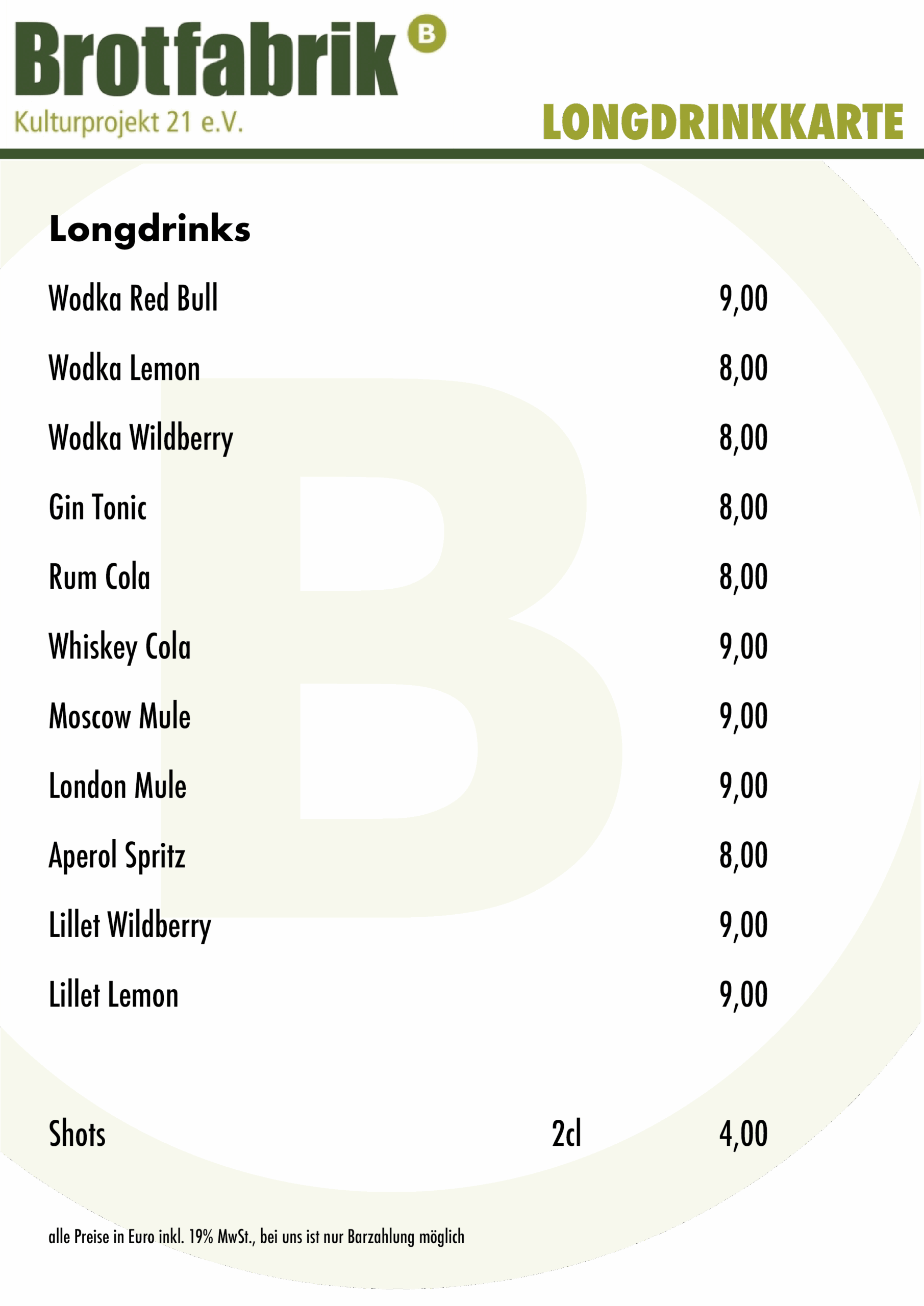 Getränkekarte Longdrinks